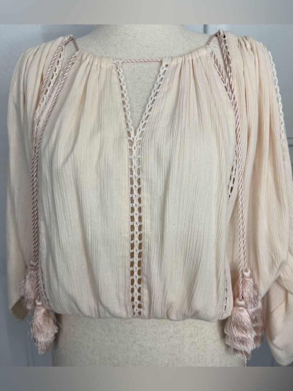 Briony Marsh Pink Cotton Gauze Peasant Boho Top Festival Tassel Top AU 10 US 6
